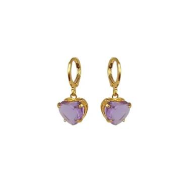 Imagem de Brinco Argolinha Coração Zirconia Violeta Folheado Ouro 18k Antialérgico