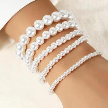 Imagem de Pulseiras de pérolas para mulheres, pulseira elástica de ouro com contas brancas, joias de casamento, formatura, dama de honra, presentes de amizade para mulheres, presentes de Natal, Dia dos