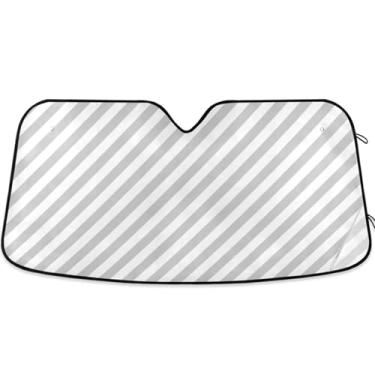 Imagem de Guarda-sol listrado cinza e branco para para-brisa de carro, personalizado, dobrável, para protetor de janelas dianteiras, retrátil L, 144,8 cm x 80 cm