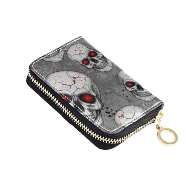 Imagem de Carteira feminina com zíper e bloqueio de RFID, porta-cartões de crédito, couro e zíper, com chaveiro, caveiras brancas, olhos vermelhos