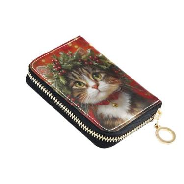 Imagem de Carteiras femininas de designer de couro com bloqueio de RFID, porta-cartões de crédito, Natal, gato fofo, carteira de viagem com zíper e chaveiro