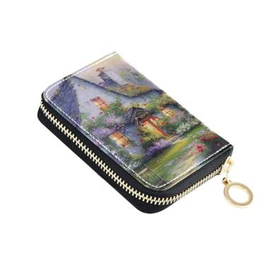 Imagem de Carteira feminina com protetor de cartão de crédito com bloqueio de RFID, bolso pequeno com zíper, porta-chaves, pintura de casa de campo, flores