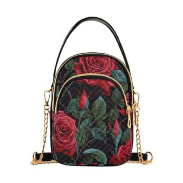 Imagem de Bolsa tiracolo feminina de outono para designers, bolsa de ombro transversal, bolsas transversais elegantes para viagens, Rosa vermelha com folhas-2, One Size