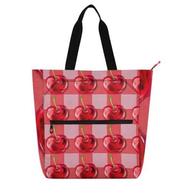 Imagem de GAIGEO Red Cherries Bolsa de ombro reutilizável para mulheres, crianças, adolescentes, com zíper, escola, trabalho, viagem, reutilizável, bolsa de ombro