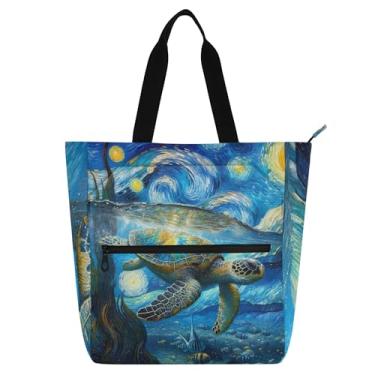 Imagem de Bolsa de trabalho feminina azul com tartaruga marinha, noite estrelada, bolsa escolar de lona com zíper, bolsas para professores, presente para amantes de livros