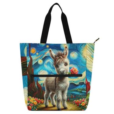 Imagem de GAIGEO Starry Night Lindas Bolsas de Trabalho de Burro para Mulheres Tote Canvas Beach Book Tote com Zíper Presente Reutilizável para Amantes de Livros Bolsas