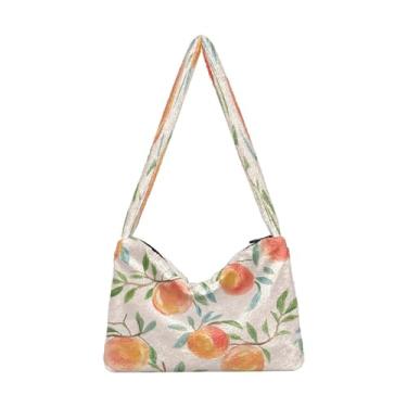 Imagem de Bolsa de ombro feminina floral laranja e amarela em bege, bolsas de ombro com zíper, bolsas de outono, Pêssegos pintados à mão - 3, One Size