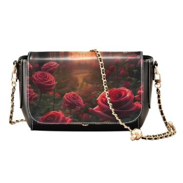 Imagem de GAIGEO Lindas bolsas transversais de couro rústicas de inverno para mulheres, bolsa de ombro com zíper, bolsa transversal feminina de couro, Lindo jardim de rosas com verde - 3, One Size
