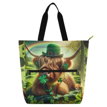 Imagem de Highland Cow Bolsa de trabalho feminina St Patrick Bolsa de tecido de lona Bolsas de mão para professores universitários, livros, presente para amantes de livros