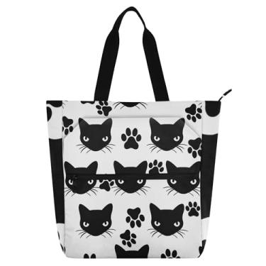 Imagem de Silhuetas alternadas de cabeça de gato preta com estampa de pata preta, bolsa de trabalho para mulheres, bolsa de lona universitária, bolsa de mão de escritório, para amantes de livros, presentes