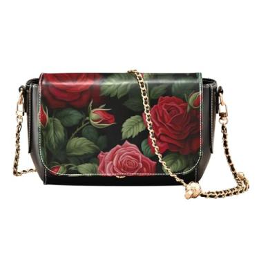 Imagem de GAIGEO Bolsa transversal de couro abstrato Texture Roses, bolsas de couro transversais para mulheres, bolsa transversal de couro com aba, Rosas florais e folhas verdes - 2, One Size