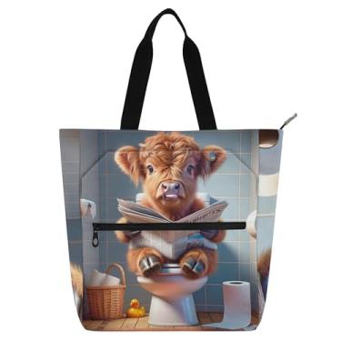Imagem de GAIGEO Linda bolsa de ombro Highland Cow Calf para crianças e mulheres, com zíper, livro, escola, trabalho, lona, bolsa de ombro