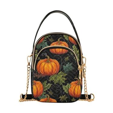 Imagem de Abóboras e folhas em bolsa de ombro preta com zíper, transversal feminina, bolsa transversal para mulheres, Abóboras e folhas em preto-1, One Size