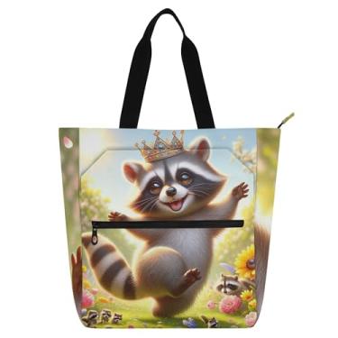 Imagem de GAIGEO Linda bolsa de trabalho de primavera guaxinim animal para mulheres bolsa escolar de lona fofa bolsas infantis amantes de livros