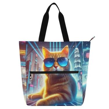Imagem de GAIGEO Bolsa de trabalho feminina para gatos fofos, de lona, praia, para livros, bolsa carteiro com zíper e compartimentos