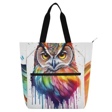 Imagem de GAIGEO Sacola feminina de trabalho com estampa de coruja arco-íris em aquarela para praia, bolsa para livros, bolsas de tecido com zíper e compartimentos
