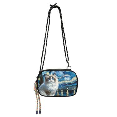 Imagem de Bolsas femininas transversais pequenas bolsa de ombro pequena bolsa feminina linda carteira para celular Ragdoll gato noite estrelada