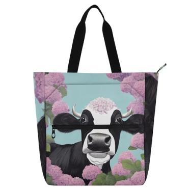 Imagem de Bolsa de trabalho floral de hortênsia de vaca para mulheres, lona, praia, livros, bolsas com zíper, para amantes de livros, presentes