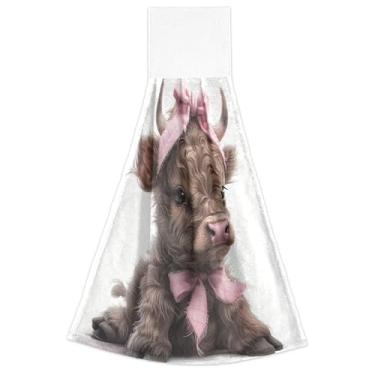 Imagem de Joitme Toalhas de mão fofas de vaca de vaca Highland com laços para pendurar toalhas de gravata de banheiro macias absorventes conjunto de 2, toalhas para cozinha banheiro 47 x 35 centímetros