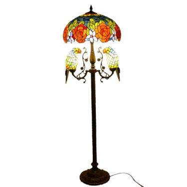 Imagem de Luminária de chão vintage com papagaios, vitral, luminária de canto, 45,7 x 45,7 x 165 cm, estilo Tiffany, para decoração de quarto, cabeceira, rosa, uva, libélula, luz de leitura, X8