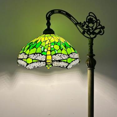 Imagem de Luminária de chão estilo Tiffany com libélula em vitral, 30x45x160 cm, haste flexível ajustável, para leitura em cantos, ideal para quarto e sala de estar, verde.