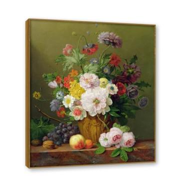 Imagem de NHLDZYH Moldura de teca. Impressão de flores vintage rústica, arte de parede em tela emoldurada floral clássica, decoração de cozinha de fazenda, pronto para pendurar. B06. 50 x 60 cm