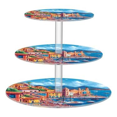 Imagem de Riviera Seaside Village Suporte colorido de 3 camadas para cupcake para festa, copo de bolo, torre de bolo, exibição de acrílico, decoração de festa de chá, bandeja de servir, suporte de comida, bar