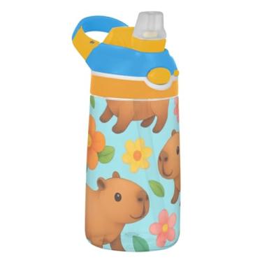 Imagem de Garrafa de água infantil azul com canudo 473 ml 473 ml Garrafa de água de plástico Tritan reutilizável portátil para crianças, à prova de vazamento, alça de transporte