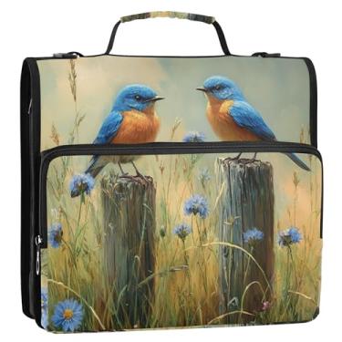 Imagem de Fichários duráveis com 3 anéis de 3,8 cm, passarinhos azuis, de madeira, floral, com zíper, organizador de pasta de armazenamento com alça para fichários escolares com alça de ombro