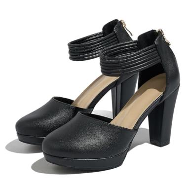 Imagem de Lyngixko Sapatos femininos fechados com salto plataforma e tira no tornozelo, Preto, 40