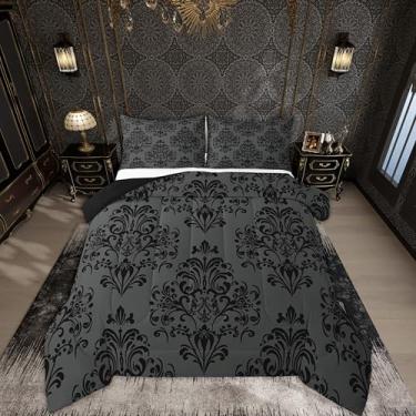 Imagem de jejeloiu Conjunto de edredom com estampa de damasco, vintage, damasco, floral, para todas as estações, com 2 fronhas, estilo boêmio, gótico, boêmio, microfibra, roupa de cama de casal