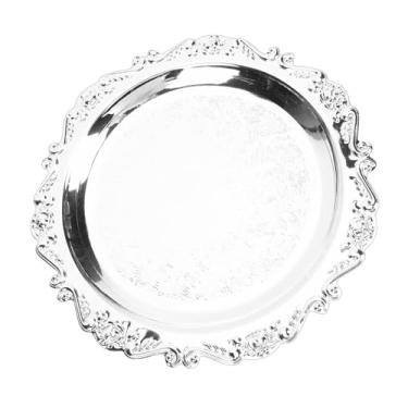 Imagem de Aqur2020 Bandeja de Servir de Ferro Vintage, Bandeja de Lanche Gravada Com Flores Prateadas para Festas e Entretenimento, Decorativa de Aperitivos para Buffet Doméstico e (20cm)