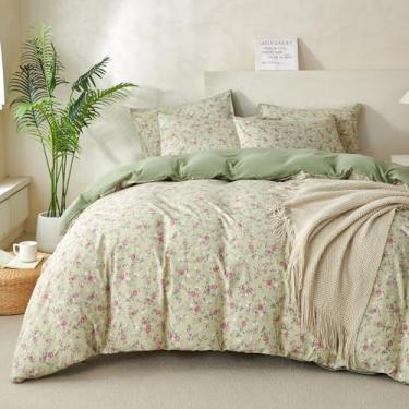 Imagem de TISPLR Capa de edredom floral King macia de microfibra escovada enrugada, conjunto de 3 peças para todas as estações, capa de edredom estilo vintage de jardim com fecho de zíper, luxuosa, respirável e