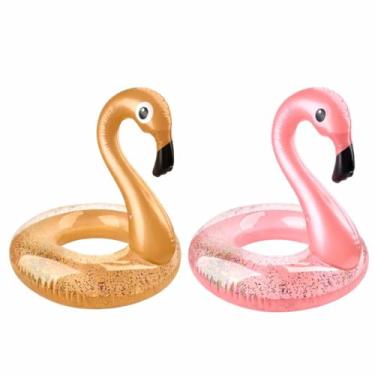 Imagem de Boia Inflável Flamingo com Glitter Rosa e Dourado 82cm Cores Variadas para Piscina e Praia