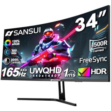 Imagem de SANSUI Monitor curvo para jogos de 34 polegadas UWQHD 3440 x 1440 165Hz curvo 1500R - PIP/PBP, 1ms (MPRT), HDR, 300nits, sRGB 125%, DCI-P3 95%, FreeSync, HDMI2.1(TMDS) x2, DP1.4 x2(ES-G344 Cabo DP C5