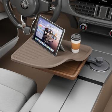Imagem de Bandeja de carro e mesa de carro para laptop com tapete protetor antiderrapante, mesa de suporte de copo de madeira giratória de 360°, comer alimentos, trabalhar, compatível com Tesla Model Y/3/S