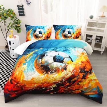 Imagem de AILONEN Conjunto de edredom de futebol esportivo, tamanho solteiro, pintura a óleo 3D, para crianças, meninos, edredom macio de microfibra com 2 fronhas, 3 peças