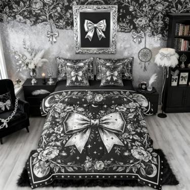 Imagem de Erosebridal Jogo de cama gótico queen em uma bolsa, conjunto de cama queen | Conjunto de cama retrô com laço de princesa, laço e lençol, vintage, floral, preto, decoração gótica