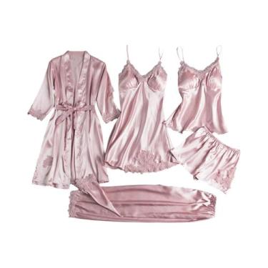 Imagem de Conjunto De Pijamas Femininos De Seda Gelada Com Camisola De Manga Lon