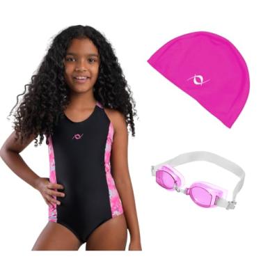 Imagem de Kit Maiô Natação Infantil Touca Tecido Infantil E Óculos Uv (Preto/Estampa Pink - Óculos Rosa, 16)