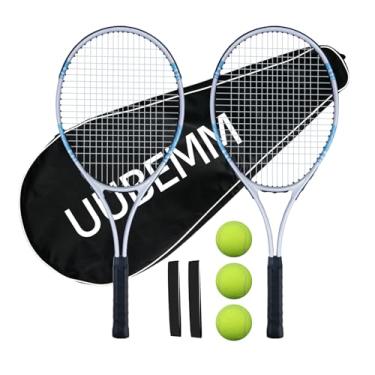 Imagem de Conjunto de raquete de tênis para adultos, 2 raquetes pré-amarradas de 68 cm, 2 fitas de aderência, 3 bolas de tênis, 1 bolsa de transporte, perfeita para iniciantes e treinamento de estudantes