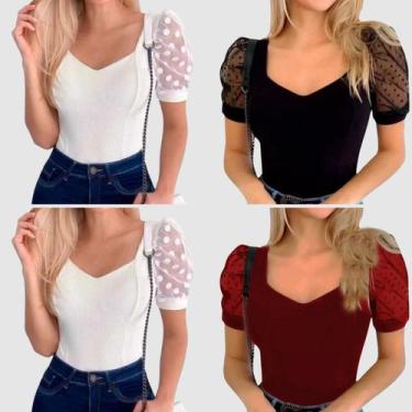 Imagem de Kit 4 Body Blusa Feminina Manga Curta Bufante Tule Poa Luxo Lançamento