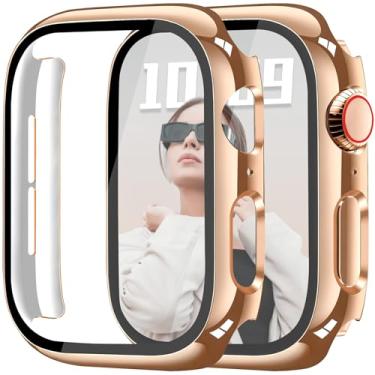 Imagem de JR.DM Pacote com 2 capas rígidas de policarbonato de 46 mm com protetor de tela de vidro temperado HD para Apple Watch Series 10/11, protetor de proteção total contra arranhões para iWatch, ouro rosa