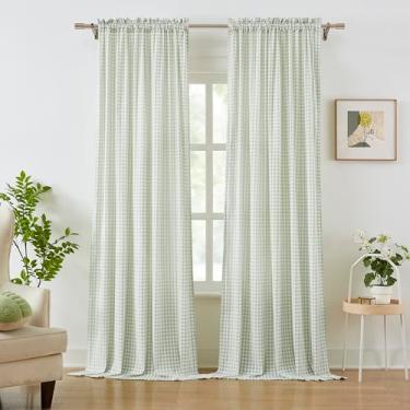 Imagem de ZJDECOR Cortinas xadrez búfalo brancas verde-sálvia 213 cm de comprimento, cortinas transparentes enrugadas e não transparentes, tratamento de janela rústico para sala de estar do berçário, laços