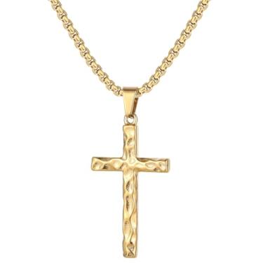 Imagem de TASBERN Colar de cruz de aço inoxidável martelado para homens, joias rústicas de fé cristã, presente, ouro, preto, prata, corrente de cruz para adolescentes, filho, batismo, primeira comunhão, Páscoa