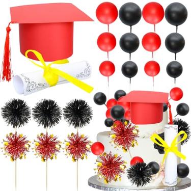 Imagem de Ephlyn Pacote com 42 topos de bolo de formatura 2025, bolas de diploma com borla, fogos de artifício, parabéns, decorações de bolo de graduação para ensino médio 2025, suprimentos de graduação para