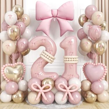 Imagem de Light Pink 21 Number Balloon, 21st Birthday Decorations for Her, Dusty Blush Pink Gold White Sand Latex BalloonsBow Heart Foil Balloon with Ribbon Bow for Boho 21st Birthday Anniversary Party Decor