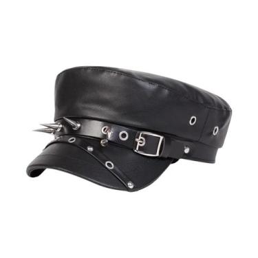 Imagem de Boina Unissex De Couro Preto Com Fivela De Rebite, Chapéu Militar De C