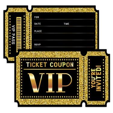 Imagem de wuguimeii 20 Convites de cupom de ingressos VIP com envelopes para festa de aniversário de chá de bebê, convites ideias especiais, artigos de festa de lembrancinhas (ouro preto01)
