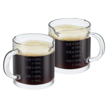 Imagem de Copo expresso em escala gravada Ackers com alça, fundo e parede espessos, bico duplo em forma de V, jarra de espuma de leite de 75 ml, copo de leite de 75 ml com alça, acessório de café expresso